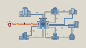 Ilustración de una red corporativa con varios edificios conectados por líneas azules y grises. Una línea roja con íconos de advertencia conecta una nube con engranaje a un edificio central.