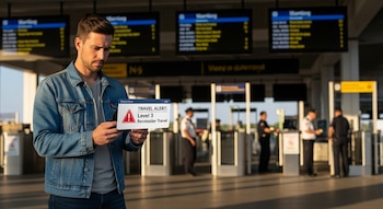 Hombre mira su teléfono con alerta de viaje 'Level 3 Reconsider Travel' en aeropuerto, con paneles de vuelos y personal de seguridad de fondo.