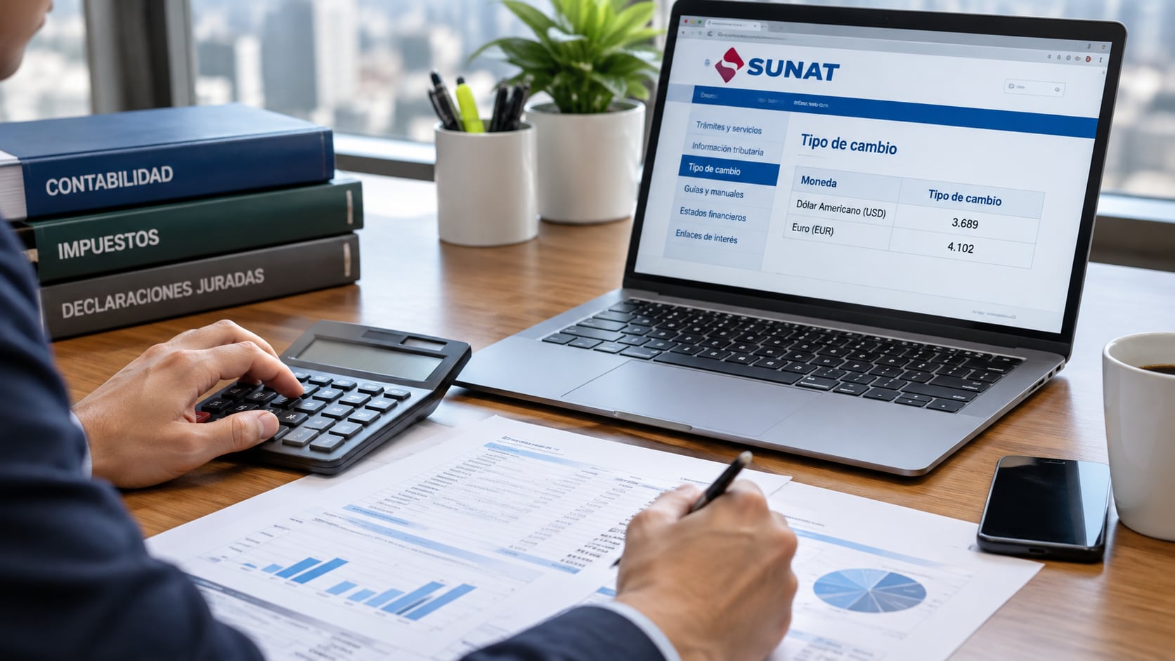 Un profesional revisa el tipo de cambio oficial de la SUNAT en una computadora portátil para calcular obligaciones tributarias y registrar operaciones contables en Perú. (Imagen Ilustrativa Infobae)