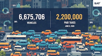 Infografía con datos de la SAT: 6.675.706 vehículos registrados y 2.200.000 con impuestos pagados al 9 de junio de 2026, sobre fondo urbano.