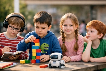 Cuatro niños en una mesa de madera al aire libre; uno escribe, otro apila bloques, una niña sonríe, otro niño observa. Un robot de juguete está en la mesa.