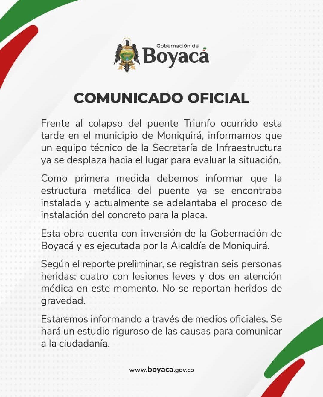 Comunicado de la Gobernación de Boyacá sobre el colapso de la estructura - crédito Gobernación Boyacá