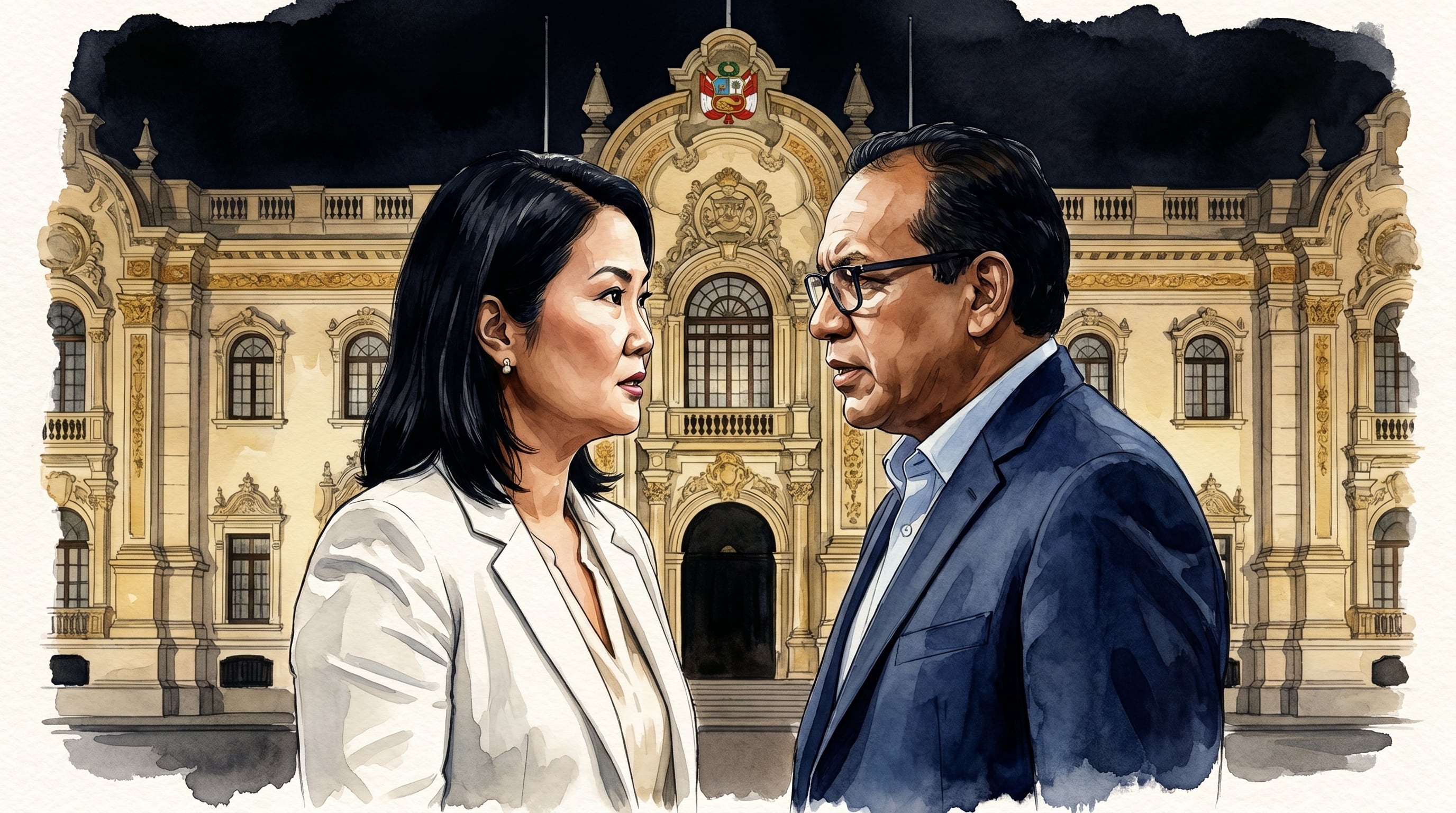 Keiko Fujimori y Roberto Sánchez son representados en un debate intenso frente a la fachada nocturna del Palacio de Gobierno de Perú, reflejando tensión política. (Imagen Ilustrativa Infobae)