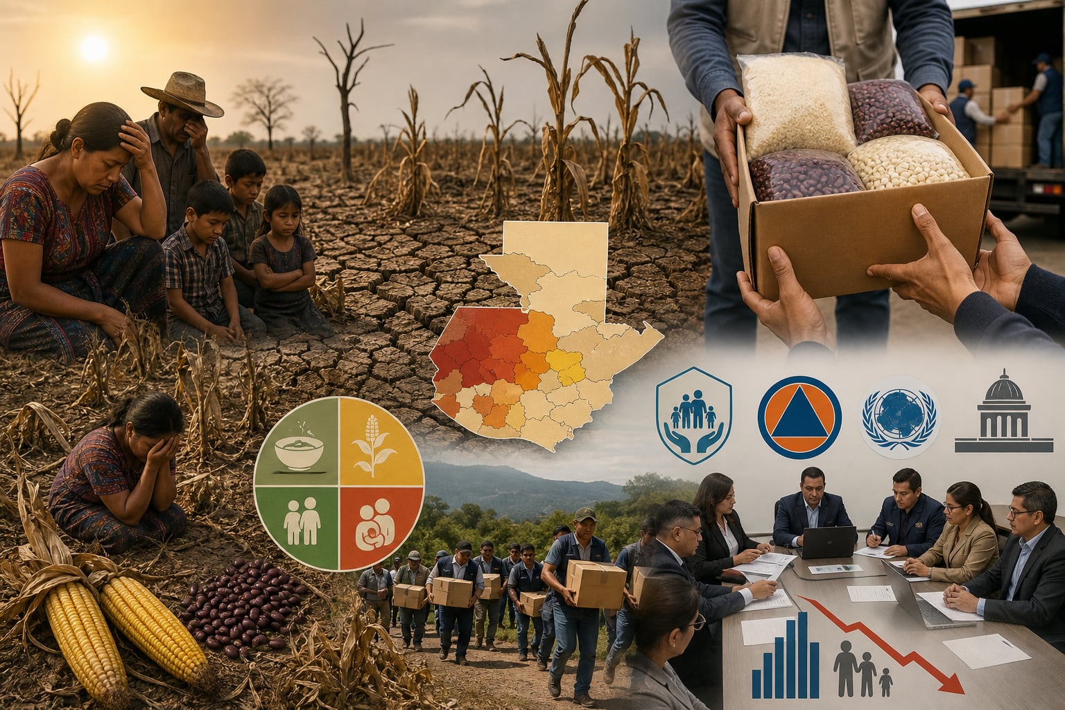 Una composición gráfica ilustra el impacto de la sequía en la agricultura de Guatemala y la respuesta institucional con ayuda alimentaria para las familias afectadas. (Imagen Ilustrativa Infobae)