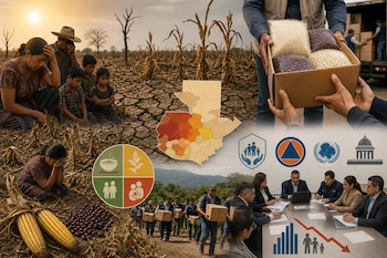 Un montaje fotográfico incluye campos secos con personas, un mapa de Guatemala, cajas de granos, logotipos e instituciones en una reunión.