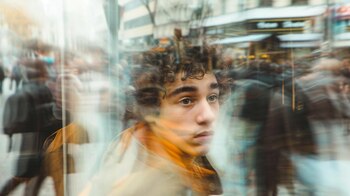Joven adolescente con una mirada de preocupación mientras el mundo a su alrededor parece girar rápidamente, simbolizando un posible trastorno de ansiedad o ataque de pánico. La imagen destaca la importancia de abordar la salud mental en las etapas tempranas de la vida, con enfoques terapéuticos adecuados para trastornos como la ansiedad y el autismo. (Imagen ilustrativa Infobae)