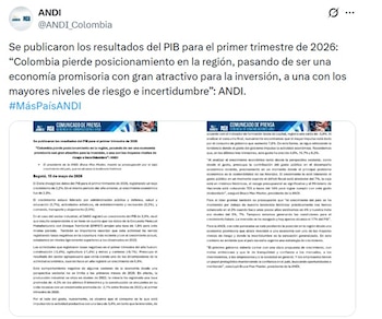 La Andi dice que Colombia pierde posicionamiento en la región con el crecimiento del 2,2% del PIB - crédito @Andi_Colombia/X