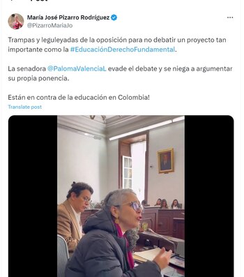 María José Pizarro crítica a la senadora Paloma Valencia por según ella "evadir el debate" de la Ley Estatutaria de Educación - crédito @PizarroMariaJo