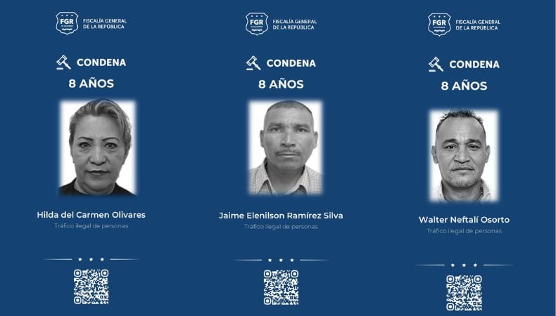 Osorto lideraba la estructura criminal, mientras Olivares identificaba posibles migrantes y Ramírez Silva albergaba y guiaba a las víctimas cerca de cruces no autorizados. (Cortesía: Fiscalía General de la República)