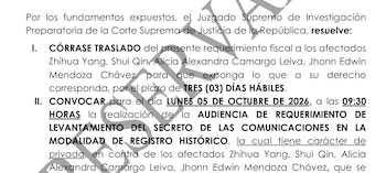 Documento judicial con el sello de reserva que contiene el texto de una resolución del Juzgado Supremo de Investigación Preparatoria
