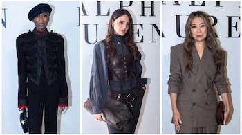 Tres fotografías de mujeres vistiendo ropa formal en tonos oscuros y posando ante un fondo blanco con texto.