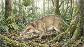 Marsupial de pelaje marrón claro y vientre crema, hocico alargado, en hojarasca con helechos, palmas y árboles con musgo en selva densa.
