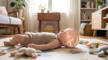 Bebé tumbado en alfombra de juegos. Su cabeza semi-transparente revela un cerebro brillante con densas conexiones neuronales, rodeado de juguetes blandos.