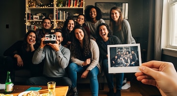 Un grupo de ocho amigos sonriendo, uno con una cámara Polaroid. Una mano sostiene otra foto instantánea del grupo. Fondo con estantería y luces.