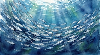 Ilustración en acuarela de un cardumen de peces pequeños y plateados nadando en el océano azul y verde, con rayos de luz que descienden.