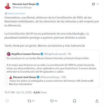 La exsenadora Angélica Lozano cuestionó el mensaje y sostuvo que el nombramiento y las reacciones que generó contradicen los principios asociados con la Constitución de 1991 y el legado político de Horacio Serpa Uribe y Álvaro Gómez Hurtado - crédito @HoracioJSerpa/X