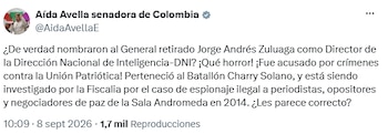 Aída Avella rechazó el nombramiento de Jorge Andrés Zuluaga en la Dirección Nacional de Inteligencia - crédito @AidaAvellaE/X