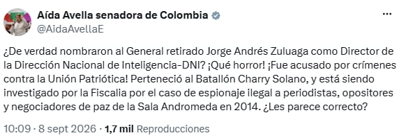 Aída Avella rechazó el nombramiento de Jorge Andrés Zuluaga en la Dirección Nacional de Inteligencia - crédito @AidaAvellaE/X