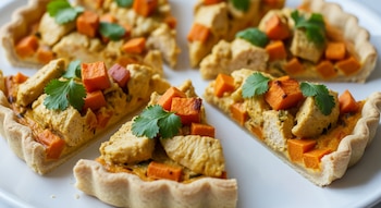 Tarta casera cortada en porciones triangulares con masa fina, relleno cremoso de pollo, batatas naranjas y salsa de curry, decorada con cilantro fresco sobre un plato blanco.