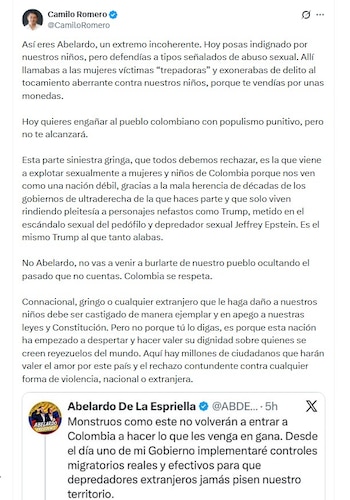 Camilo Romero cuestionó duramente a Abelardo de la Espriella tras las declaraciones del candidato sobre el caso de un ciudadano estadounidense investigado por presunto abuso contra un menor en Bogotá - crédito @CamiloRomero/X