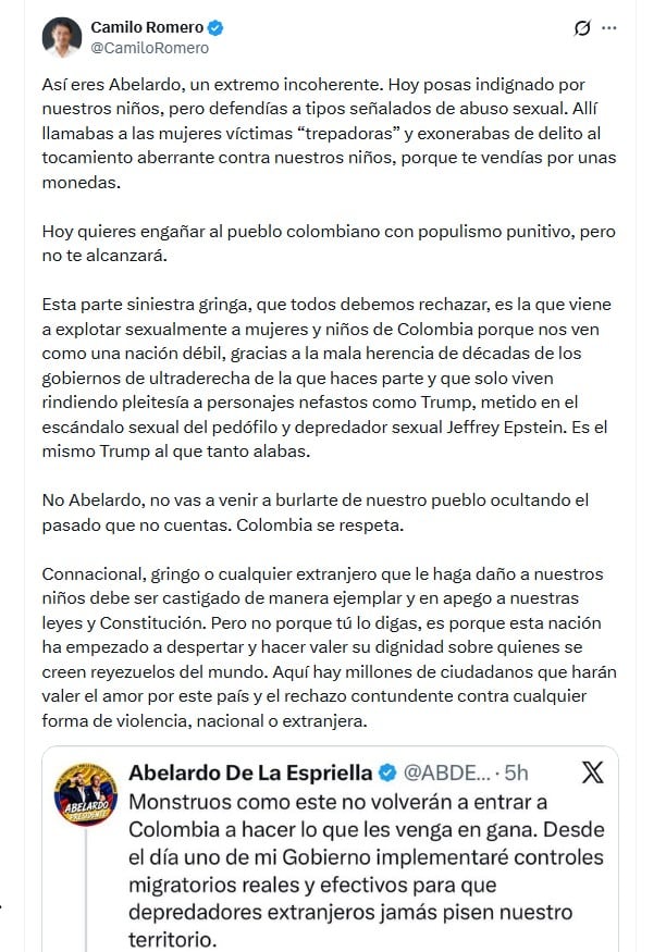 Camilo Romero cuestionó duramente a Abelardo de la Espriella tras las declaraciones del candidato sobre el caso de un ciudadano estadounidense investigado por presunto abuso contra un menor en Bogotá - crédito @CamiloRomero/X