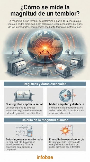 Infografía que muestra la Tierra con epicentro de un temblor, sismógrafos registrando ondas sísmicas, antenas, fórmulas matemáticas y la escala de medición de magnitud.