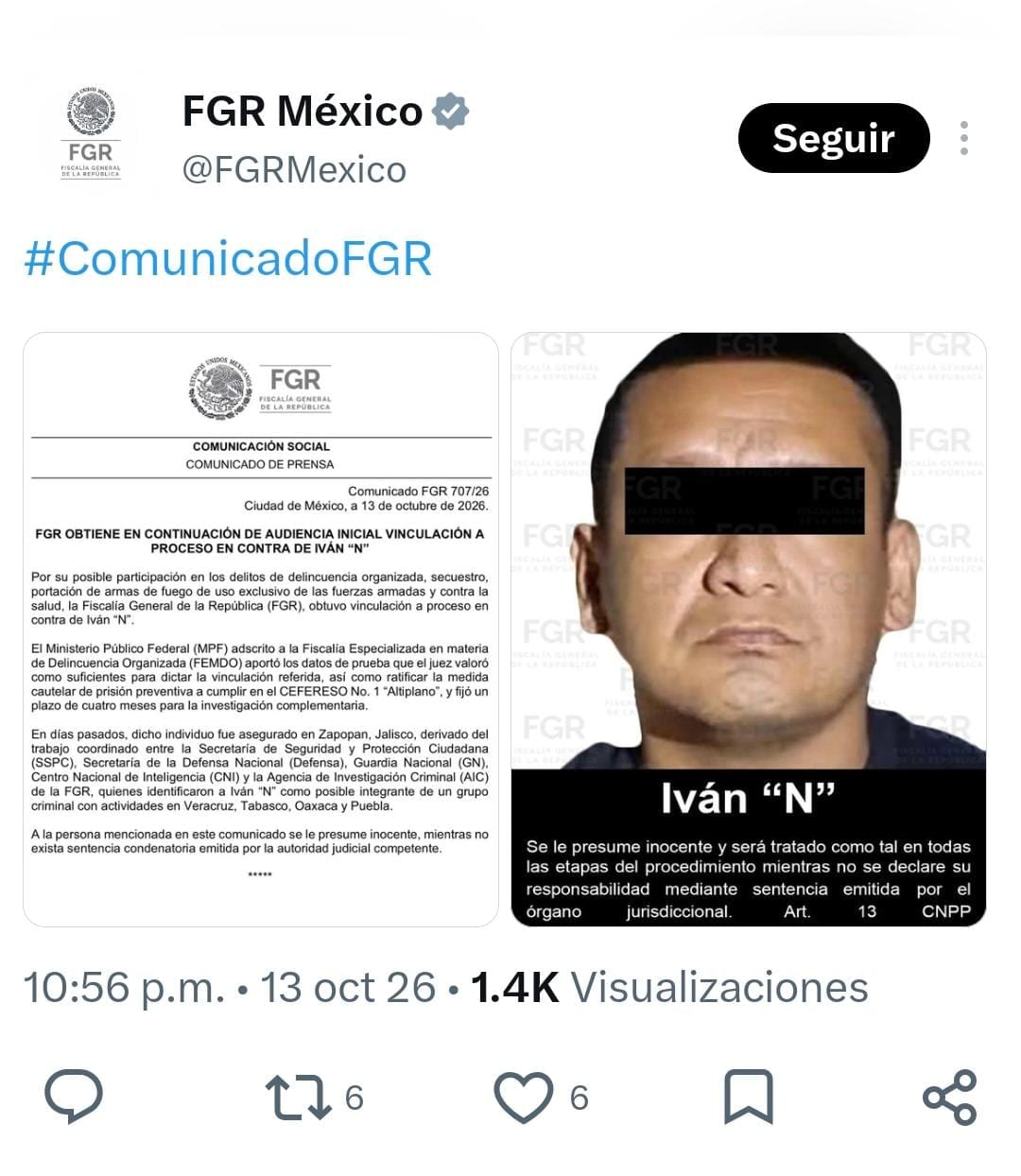 La Fiscalía General de la República de México informa sobre la vinculación a proceso de Iván Cazarín Molina por presuntos delitos de delincuencia organizada. (FGR)