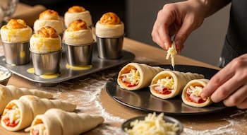 Manos de cocinero rellenan conos de masa cruda con salsa de tomate, mozzarella y jamón sobre una mesada de madera, con algunos conos dorados en moldes metálicos.
