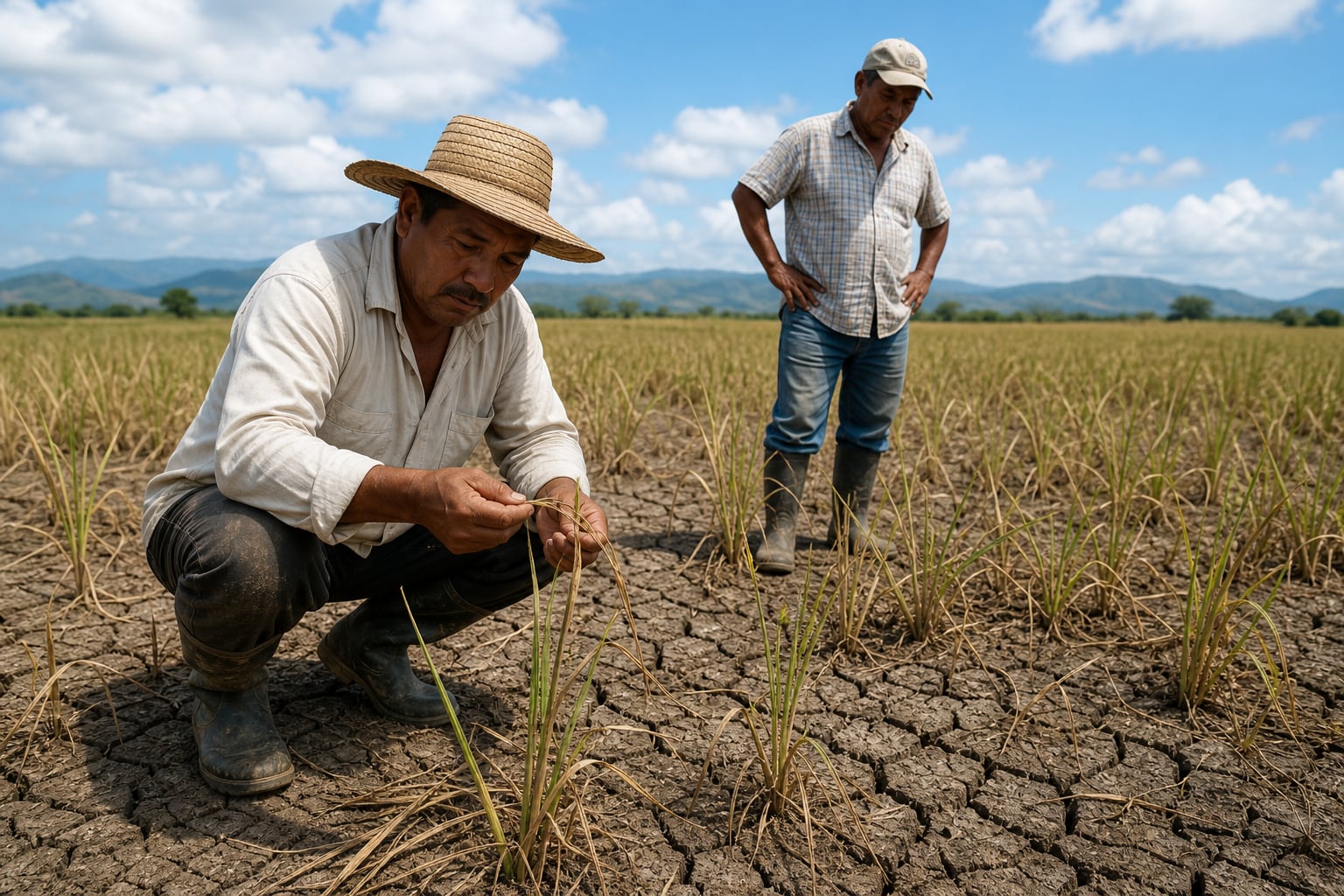 Dos campesinos panameños inspeccionan las espigas secas en un cultivo de arroz afectado por el fenómeno de El Niño. (Imagen Ilustrativa Infobae)