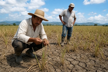 Dos hombres con sombreros en un campo de tierra agrietada observan plantas secas bajo un cielo azul con nubes.