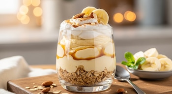 Postre en vaso con capas de granola, plátano, crema, salsa de caramelo, almendras y canela. Al lado, cucharilla, rodajas de plátano y hojas de menta.