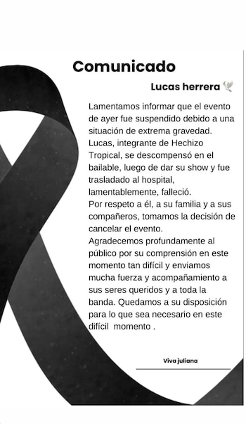 Imagen con un comunicado de texto sobre fondo blanco y un lazo negro de luto en el lateral izquierdo, informando la muerte de Lucas Herrera