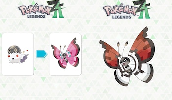 Ilustraciones de Spewpa y Vivillon con distintos patrones de alas junto al logotipo de Pokémon Legends: Z-A sobre un fondo claro