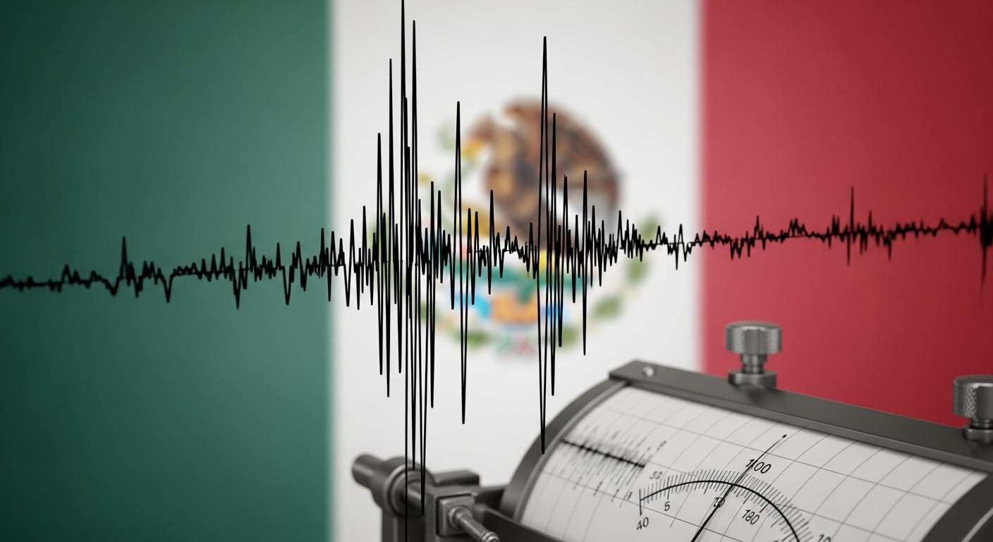 Un sismógrafo real registra líneas de actividad sísmica con la bandera de México, verde, blanca y roja, de fondo, representando el monitoreo de sismos en el país. (Imagen Ilustrativa Infobae)