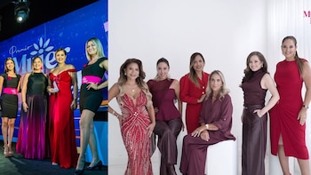 Dos imágenes. A la izquierda, Marina Mora recibe un premio de Mujer Líder junto a otras tres mujeres en un escenario. A la derecha, un grupo de seis mujeres posa con atuendos elegantes