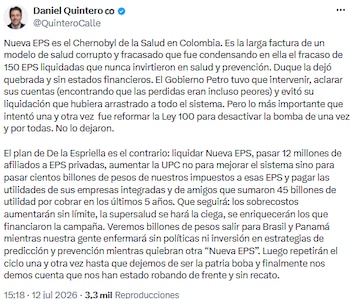 Daniel Quintero denunció desvío de fondos y alertó sobre crisis repetitiva en el sistema de salud - crédito @QuinteroCalle/X