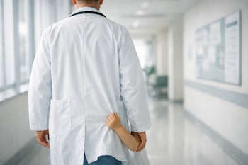 Espalda de un médico con bata blanca y estetoscopio en un pasillo de hospital, una mano infantil sujeta la bata, con ventanas y un tablero de anuncios.