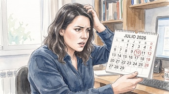 Mujer con camisa azul y cabello oscuro sujeta un calendario de Julio de 2026 con el número 10 en círculo. Hay un escritorio, computadora y estantería con libros.