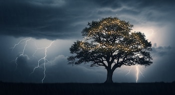 Un árbol frondoso con pequeñas luces doradas en su copa se alza en un campo bajo un cielo de tormenta oscuro, con múltiples relámpagos y lluvia cayendo.