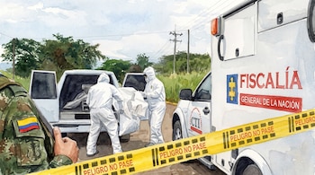 Agentes del CTI de la Fiscalía General de la Nación trasladan un cuerpo hacia un vehículo oficial en una zona acordonada - crédito