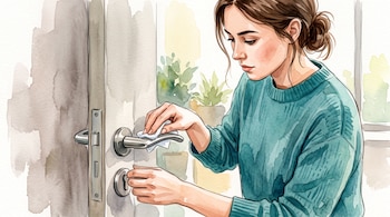 Ilustración en acuarela de una mujer con suéter verde que limpia la manija metálica de una puerta con un paño blanco.