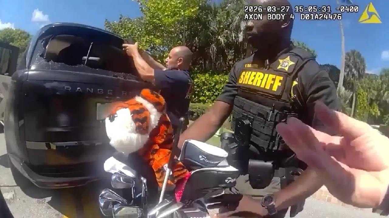 Un oficial revisa el Range Rover negro con la ventana trasera rota. (Captura de video)