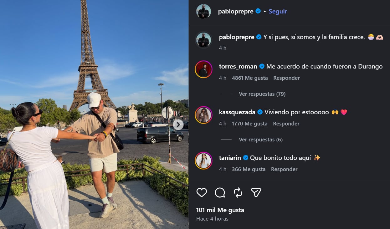 Román Torres y otras celebridades reaccionaron a la publicación de la pareja en Instagram. (IG: pabloprepre)