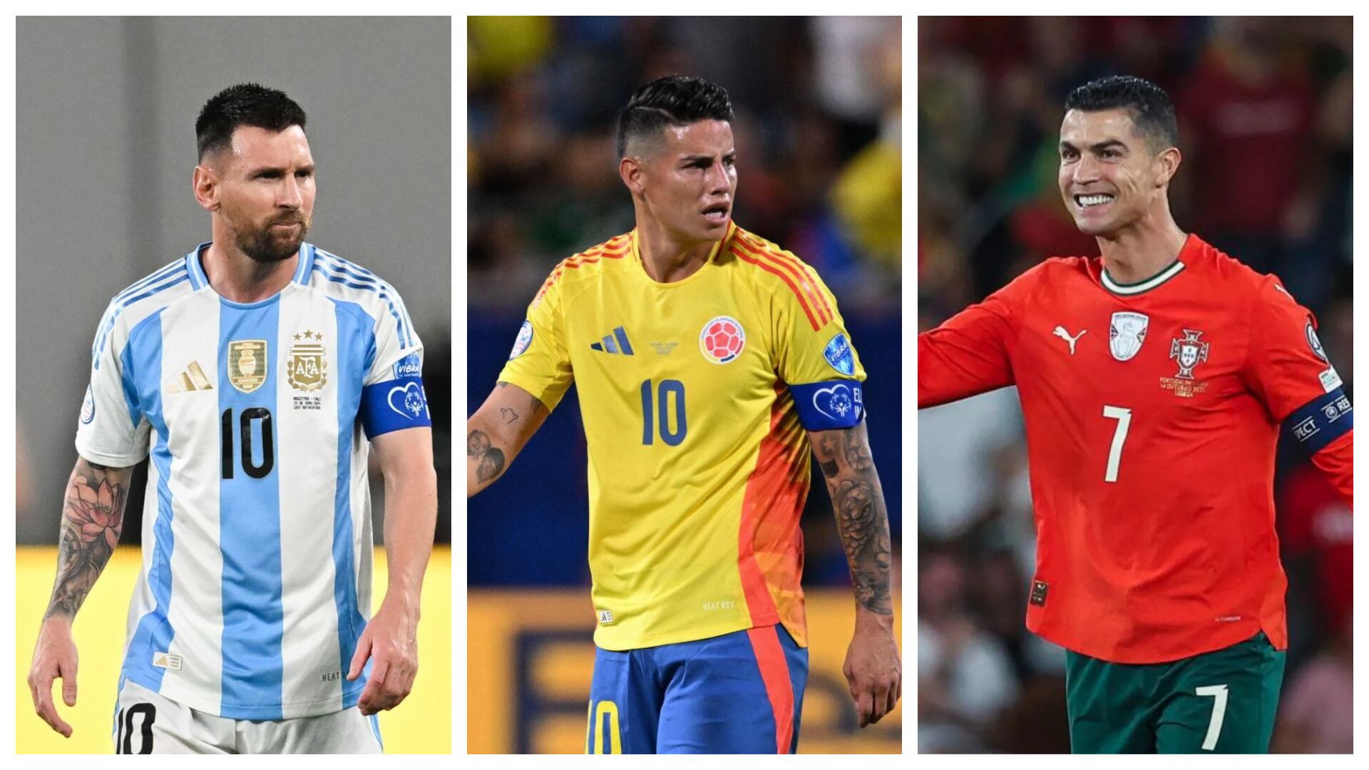 Lionel Messi, James Rodríguez y Cristiano Ronaldo jugarían su última Copa del Mundo en Estados Unidos, Canadá y México - crédito composición Infobae y EFE