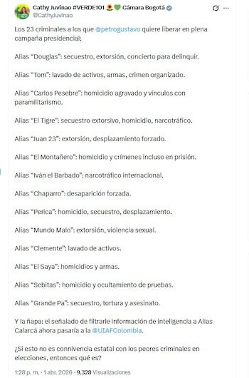 Cathy Juvinao reveló los nombres de los cabecillas de organizaciones criminales de Antioquia que están en un proceso de paz con el Gobierno Petro - crédito @CathyJuvinao/X