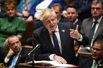FILE PHOTO: British Prime Minister Boris Johnson speaks as he takes questions at the House of Commons in London, Britain April 20, 2022. UK Parliament/Jessica Taylor/Handout via REUTERS THIS IMAGE HAS BEEN SUPPLIED BY A THIRD PARTY. MANDATORY CREDIT. IMAGE MUST NOT BE ALTERED./File Photo