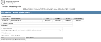 DDJJ 2023 Anual Rectificativa 1 que Adorni presentó ante la OA el 10 de junio último