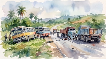 Pintura en acuarela de dos autobuses y dos camiones dañados en una vía rural rodeada de palmeras y vegetación.