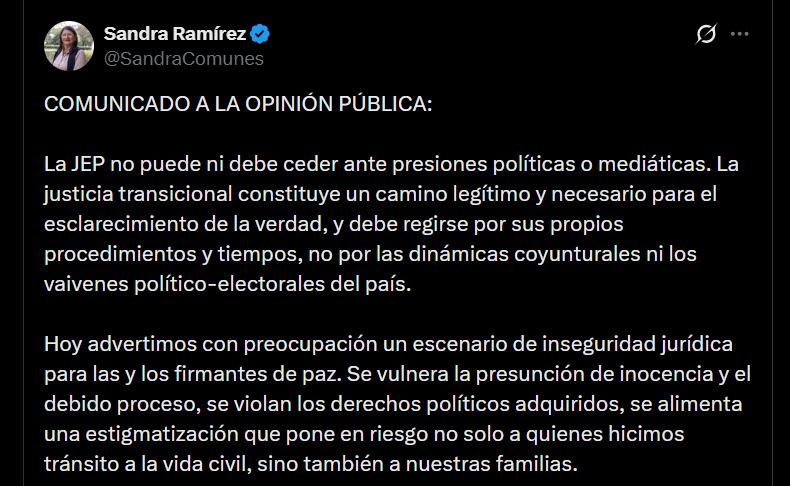 Sandra Ramírez afirmó que la JEP no debe ceder ante posibles presiones políticas o mediáticas - crédito @SandraComunes/X