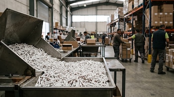 Contenedores metálicos llenos de cigarrillos sueltos en primer plano y trabajadores manipulan cajas en un almacén al fondo.